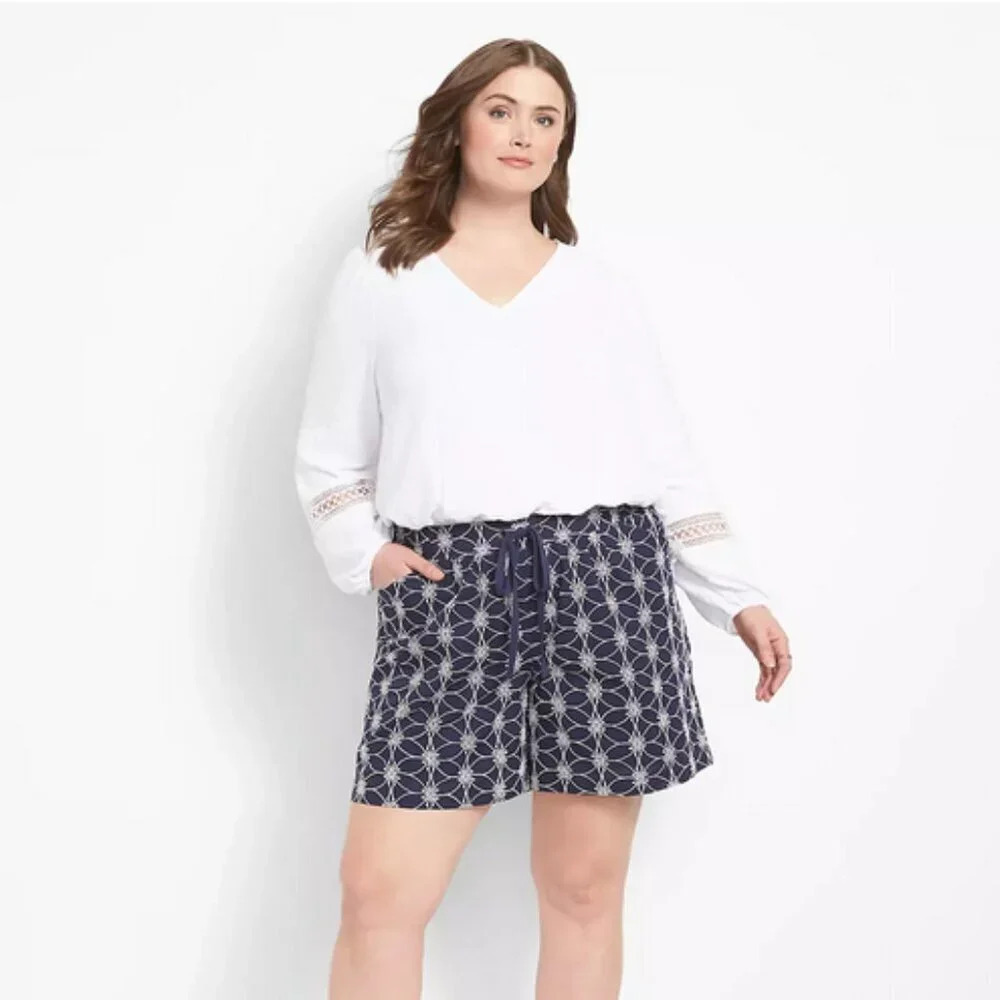 Lane Bryant Cotton Shorts, Size 18 High Rise Navy & White Eyelet Drawstring NEW
